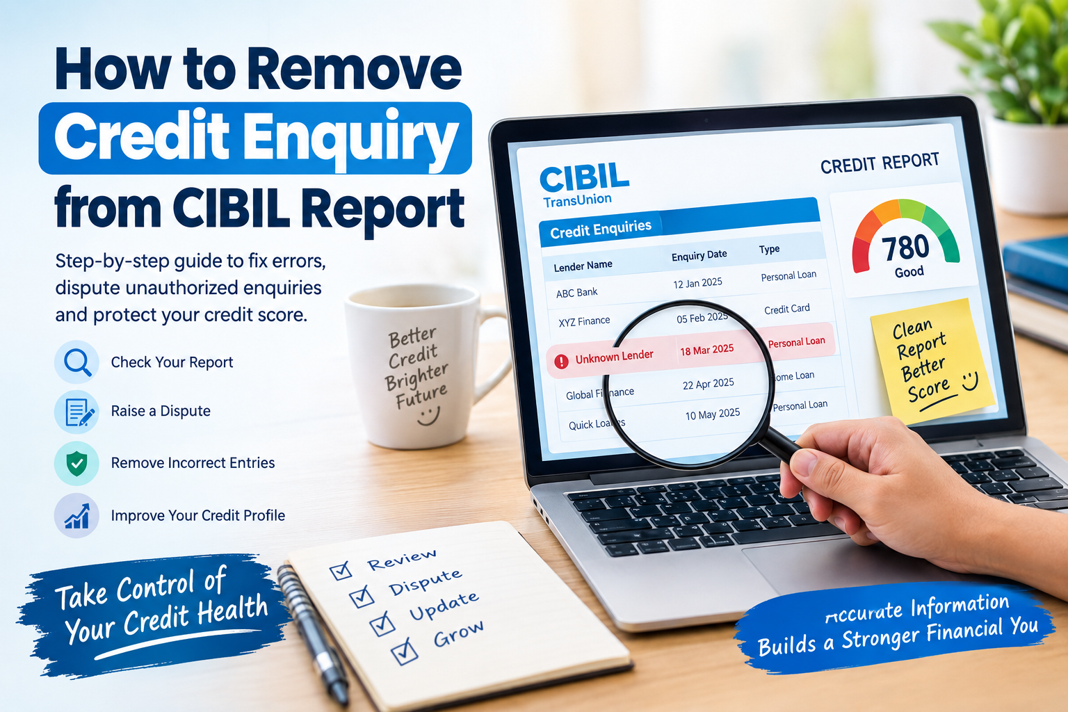 How to remove an incorrect credit enquiry from a CIBIL report, featuring a credit report, highlighted unknown lender enquiry, and steps to dispute errors and protect your credit score.